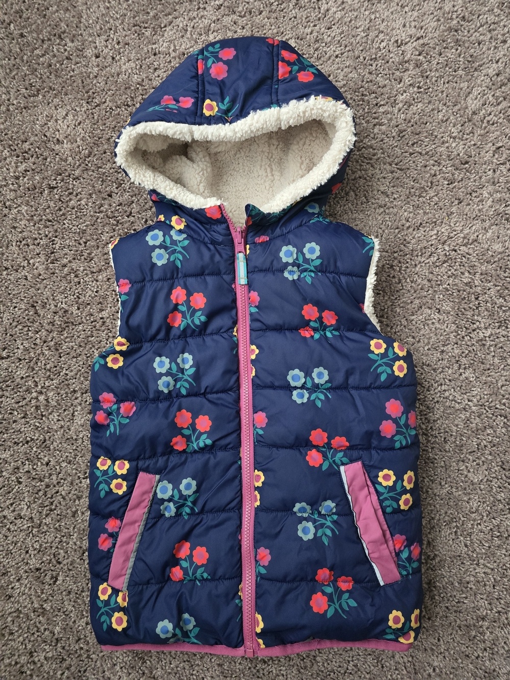 Mini Boden Navy Floral Reversible Hooded Puffer Vest